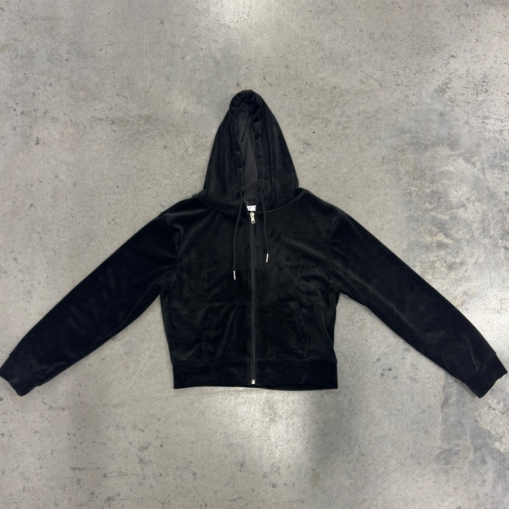 REFUGE | Velvet Velour Zip-Up Hoodie in Classic Black